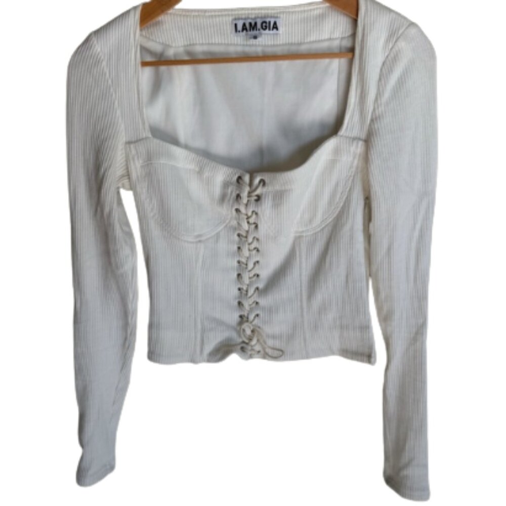 I.AM.GIA Portia Cream Lace-Up Ribbed Blouse Top Sie Small
